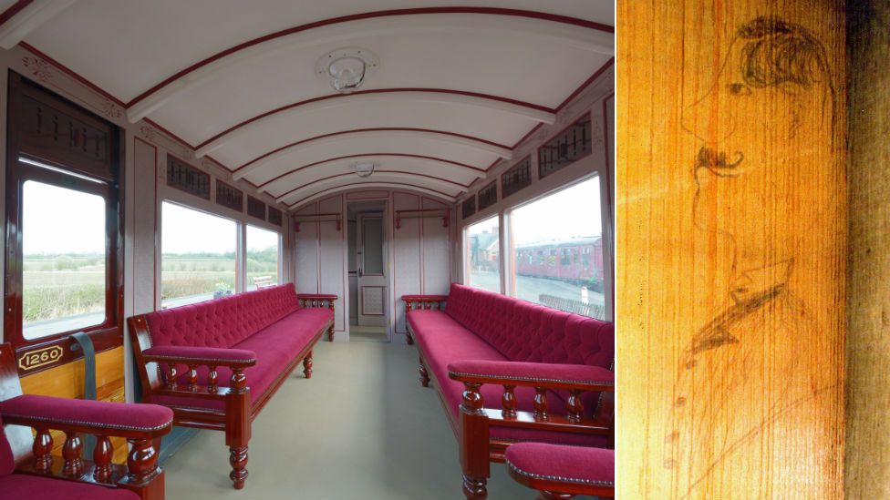 Restored carriage with (inset) the sketch of a Victorian man