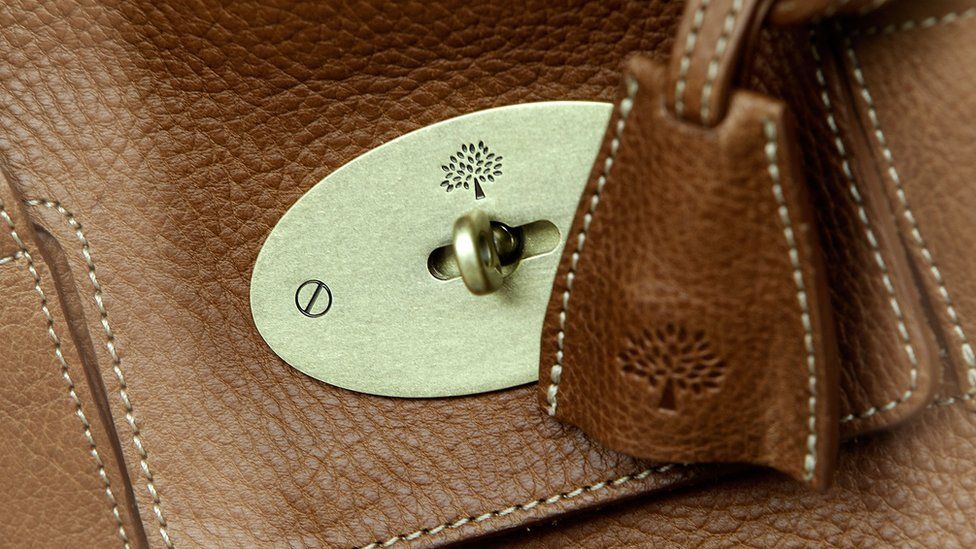 Close up of Mulberry logo on bag