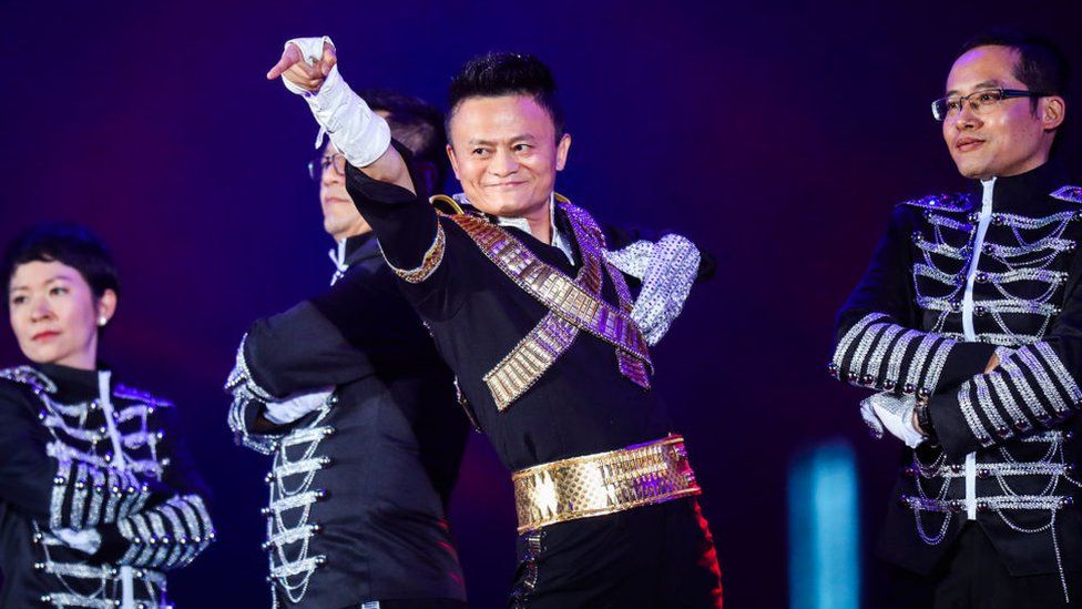 Jack Ma, founder of China's e-commerce giant Alibaba, dressed as Michael Jackson at a party celebrating the 18th anniversary of Alibaba Group in 2017.