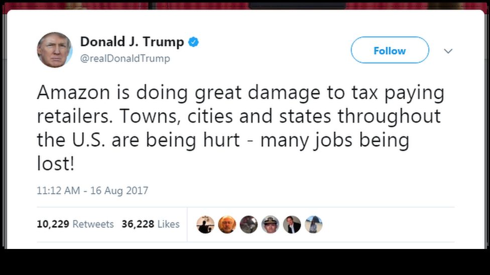 A Donald Trump tweet about Amazon causing many jobs to be lost