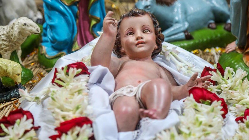 A nativity scene at St. Mary's Cathedral Church on Christmas day in Dhaka, Bangladesh, 25 December 2023.