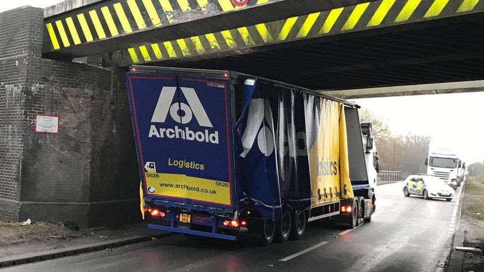 Lorry stuck under bridge on A5 in Hinckley