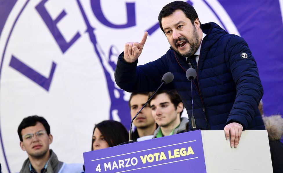 Matteo Salvini addressing a League rally in Milan, 24 Feb 18