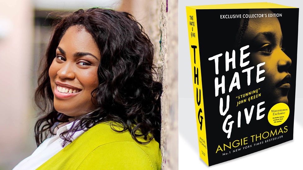 Angie Thomas and the book jacket for The Hate U Give