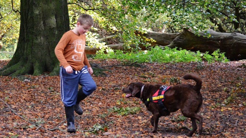 Ethan and dog Cocoa playing in the woods