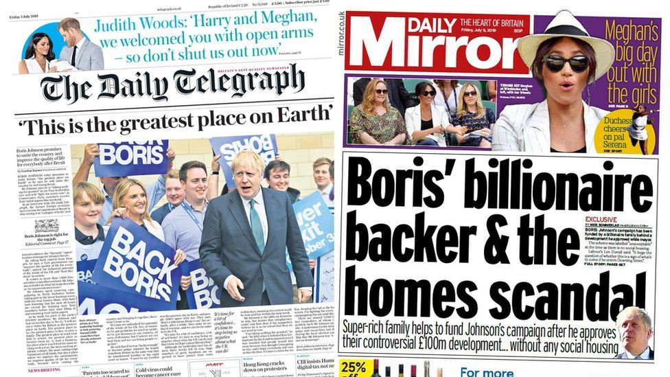 A composite image of the Daily Telegraph and Daily Mirror's front pages on Friday