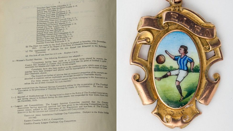 Close-up of minutes from 1921 banning women from playing football in FA-affiliated grounds and Stoke player Lilian Bridgett's English Ladies Football Association Cup winners medal 1922