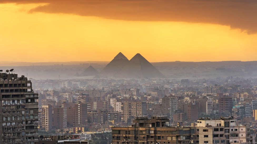 View across Cairo to the pyramids