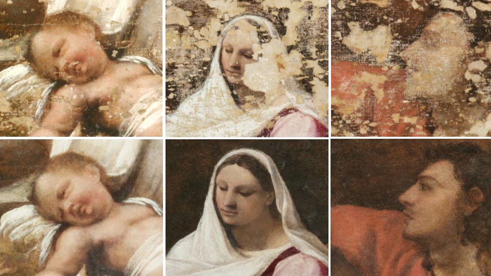 Detail of faces on original and restored painting