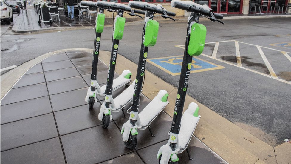 Lime scooters on a street