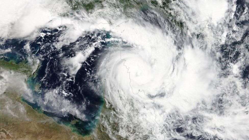 A satellite image of Cyclone Trevor as it approached the coast of Queensland