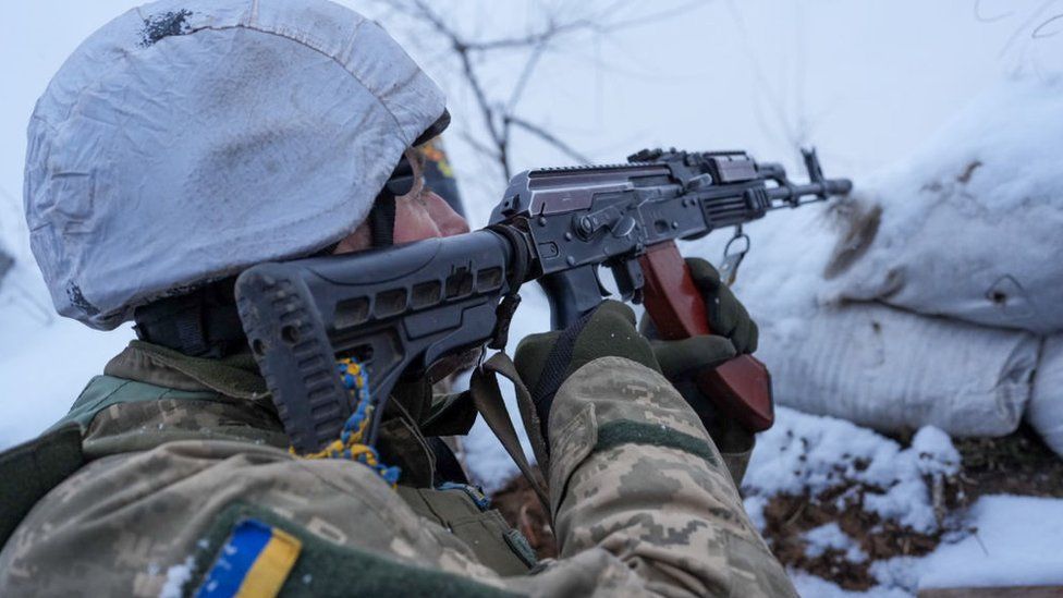 Ukrainian soldiers along the frontline near the town of f Zolote-4, Ukraine