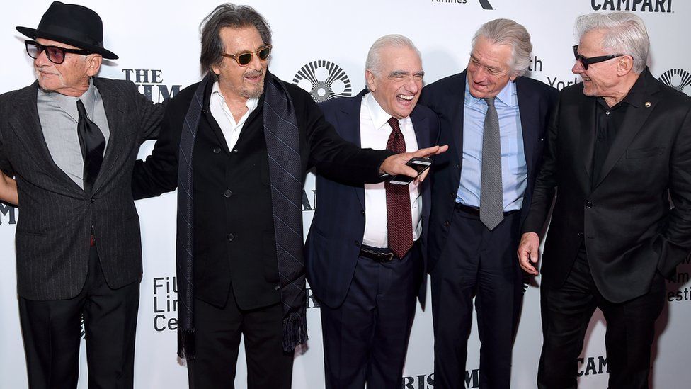 Joe Pesci, Al Pacino, Martin Scorsese, Robert De Niro, and Harvey Keitel attending the world premiere of "The Irishman" in New York