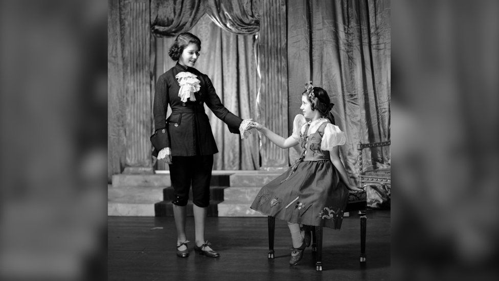 Queen Elizabeth II and Princess Margaret performing