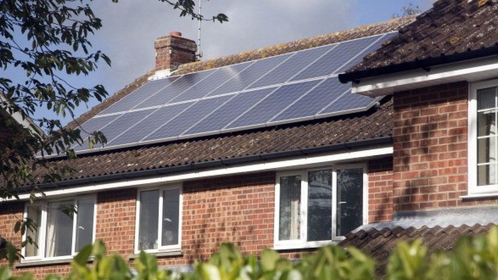 Solar panels on a house roof in England