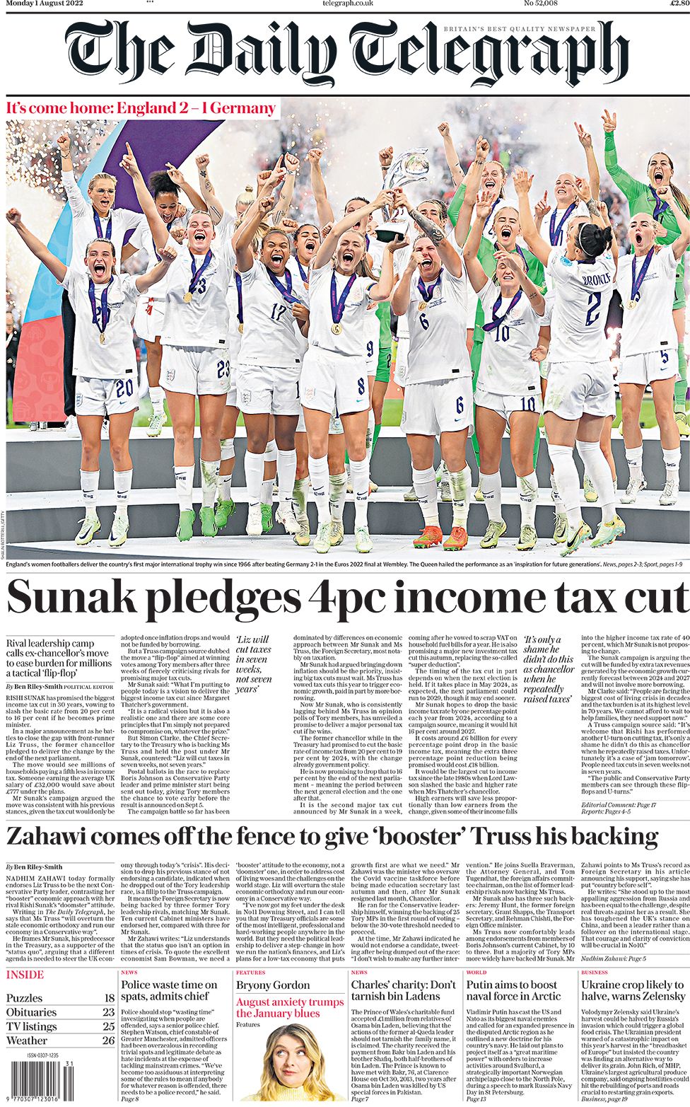 The Daily Telegraph front page 1 August 2022