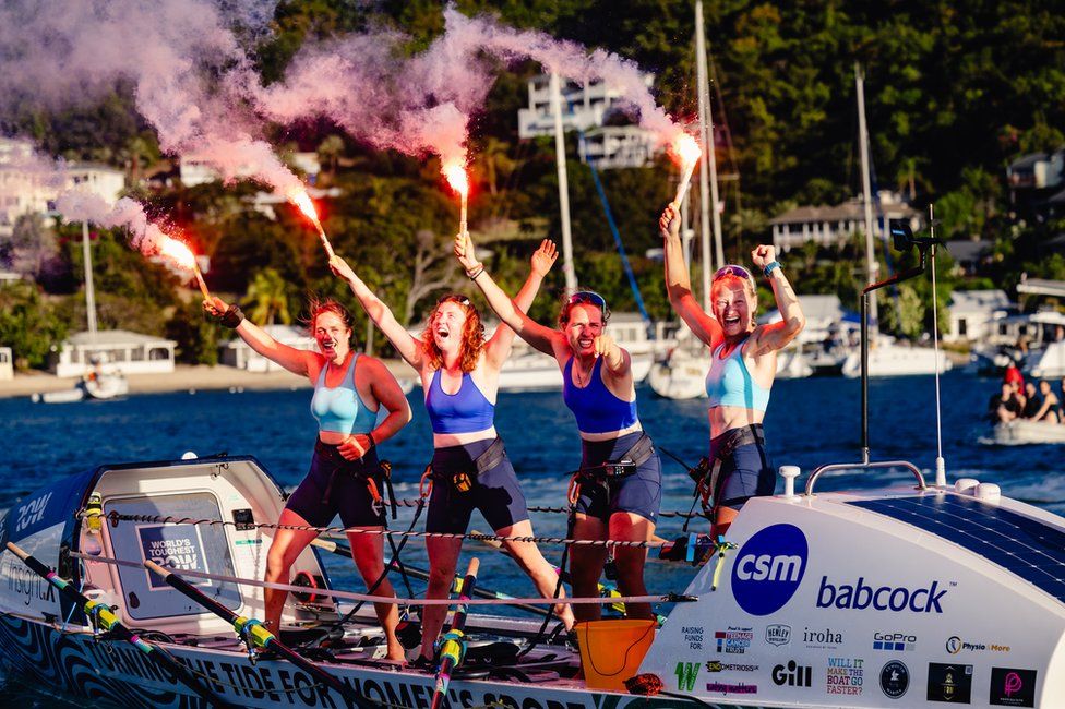 The There She Rows team rows 3,000 miles across the Atlantic Ocean, in a record-breaking 39 days, 12 hours and 25 minutes