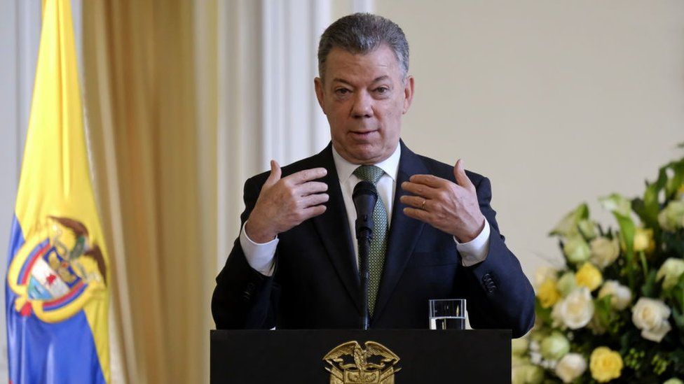 Colombia's outgoing president, Juan Manuel Santos, giving a speech in August 2018