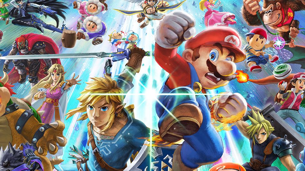 Artwork from the box of Super Smash Bros Ultimate on the Nintendo Wii. It shows Mario in the foreground, he's viewed from below and is in a fighting pose with fist cocked, and one foot raised as if about to launch a kick. Next to him is Link, hero of the Zelda games, he's also in a battle pose, with the Master sword raised above his head as if about to strike. The pair are surrounded by lots of other well-known video game characters including Princess Peach, Cloud Strife, Ash from Earthbound, Bowser and the Ice Climbers, who look like little cartoon eskimoes. It's a chaotic scene.