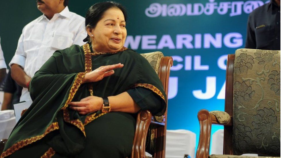 Jayaram Jayalalitha, leader of the Anna Dravida Munnetra Kazhagam (AIADMK) state political party, gestures during a campaign rally in Chennai on April 9, 2016.