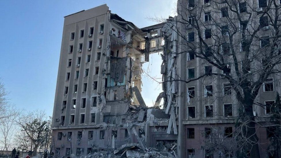 Image shows damaged building