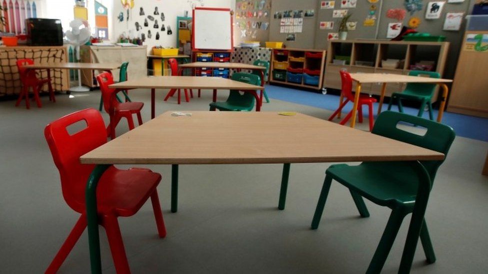A classroom ready in England for when pupils start returning on Monday