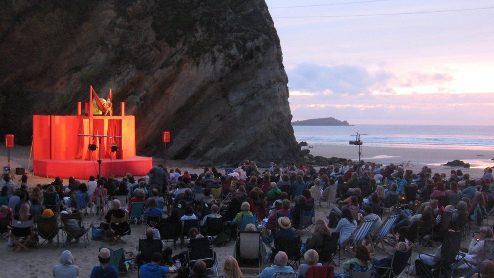 Miracle Theatre performing on a beach in Cornwall