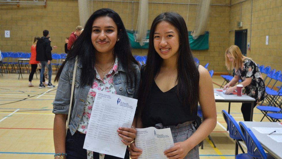 Photo of Ashna Anil (left) & Coco Zhang (right) collecting their A Level results at St David’s Catholic College