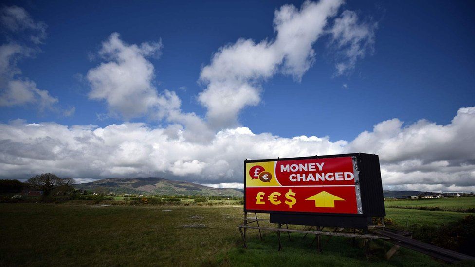 A sign at the Irish border that reads; Money changed