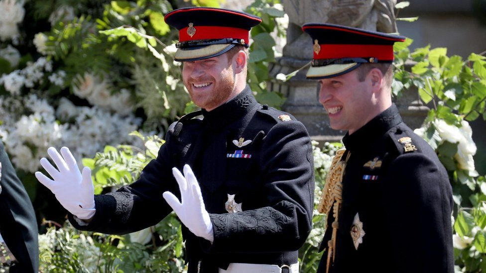 The Duke of Sussex wearing military uniform at his wedding, alongside his brother the Prince of Wales