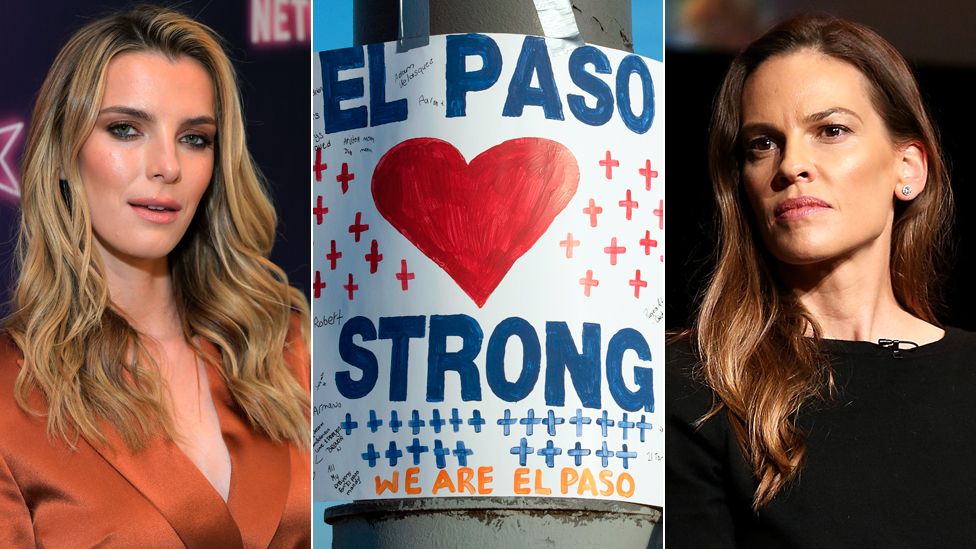 Betty Gilpin (left), Hilary Swank, and a placard supporting the families of the El Paso victims and actress Hilary Swank