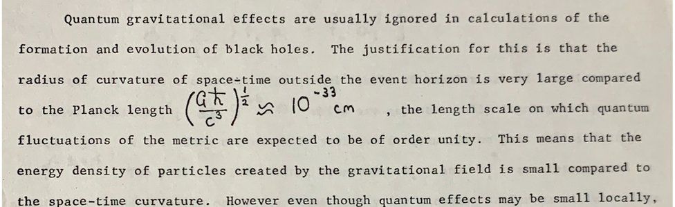 A section from Prof Hawking's breakthrough paper which suggested that black holes were not completely black