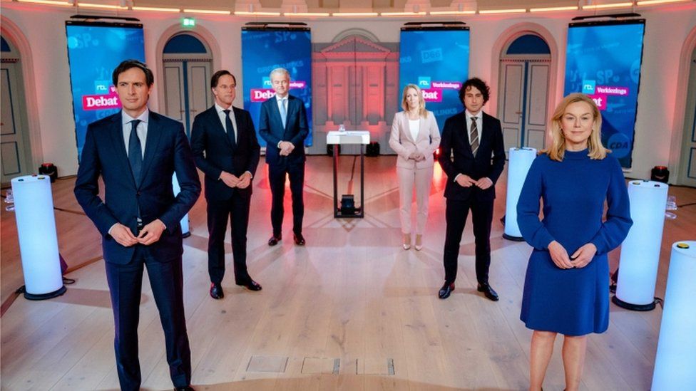 From left: Wopke Hoekstra, Mark Rutte, Geert Wilders, Lilian Marijnissen, Jesse Klaver and Sigrid Kaag ahead of a televised debate
