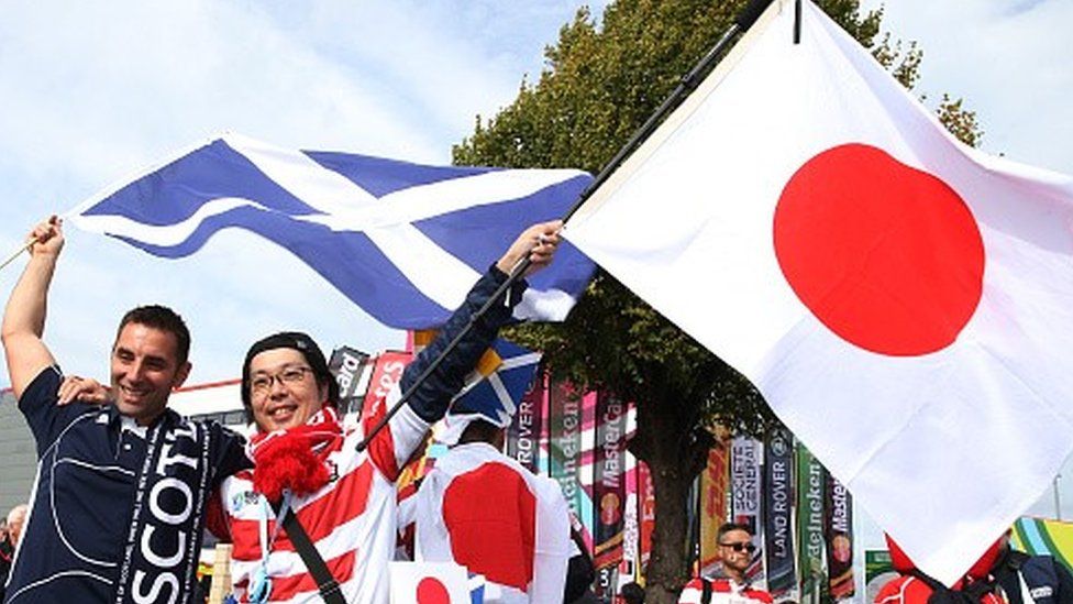 Japan and Scotland rugby fans ahead of their World Cup game