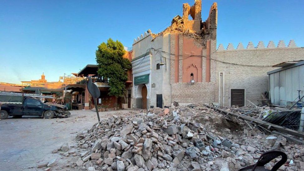 Damage at an old mosque in the historic city of Marrakesh, following a powerful quake in Morocco on 9 September 2023