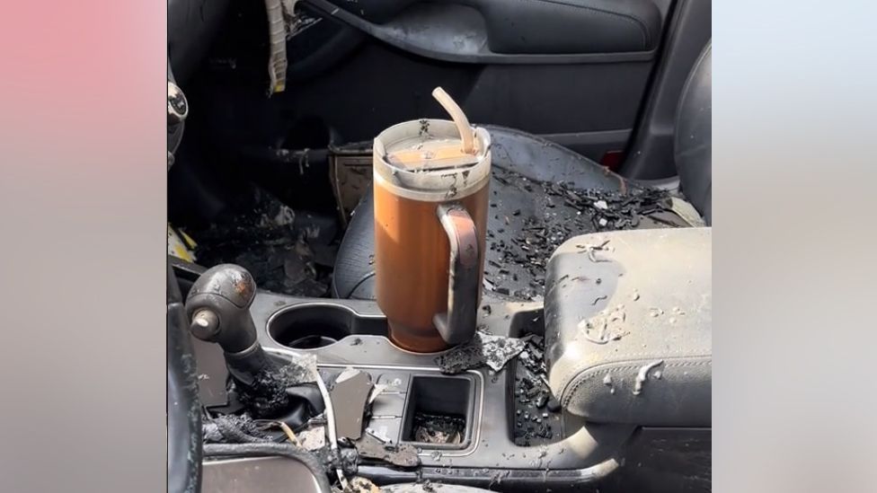 Stanley cup in a burnt-out car
