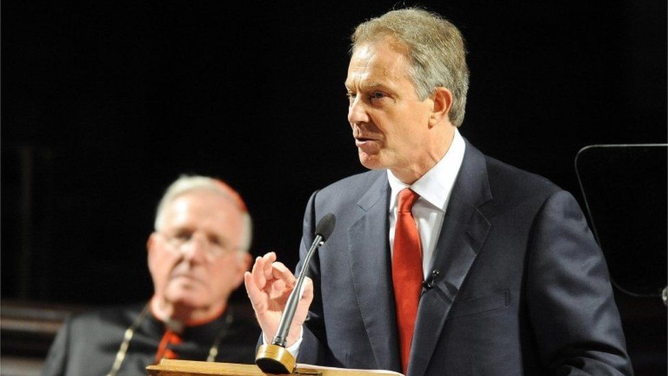 Tony Blair during his address on Faith and Life in Britain, with Cardinal Cormac Murphy O"Connor (