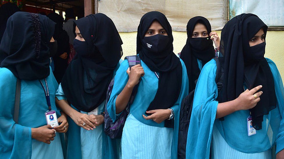 Indian Muslim Students leave after they were not allowed to enter the Pre-university colleges while wearing Hijab, in Udupi town in the southern state of Karnataka India on February 16, 2022