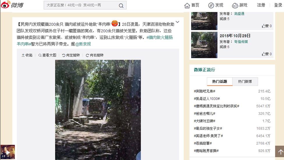 Huaxi Metropolis Daily post shows a picture of cats being transported for sale by street vendors