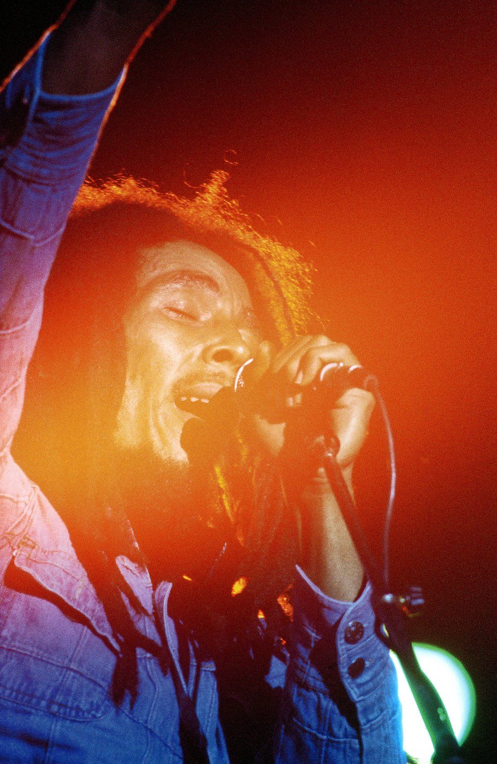 Bob Marley performing on stage in the US in 1979