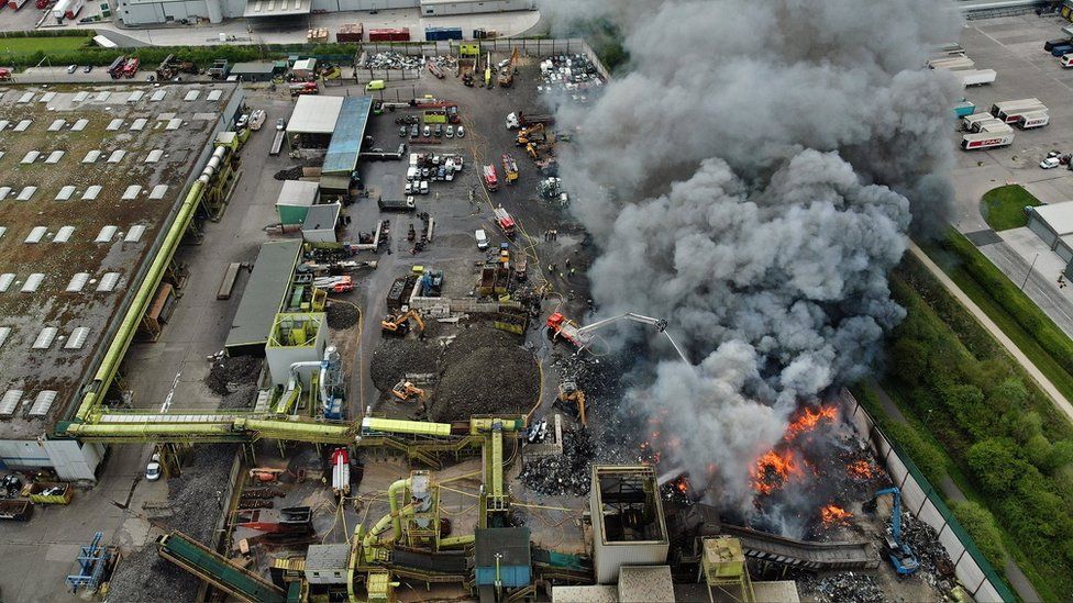 Aerial view of smoke from the scrapyard fire