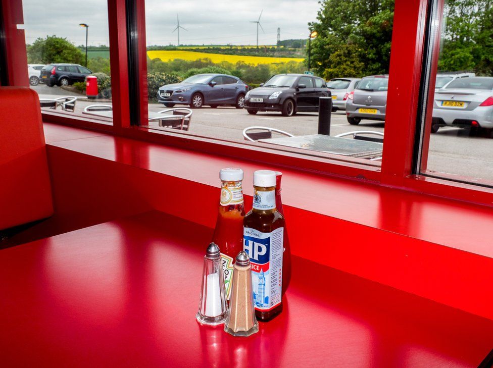 Condiments on the table at Little Chef. Doncaster, South Yorkshire.