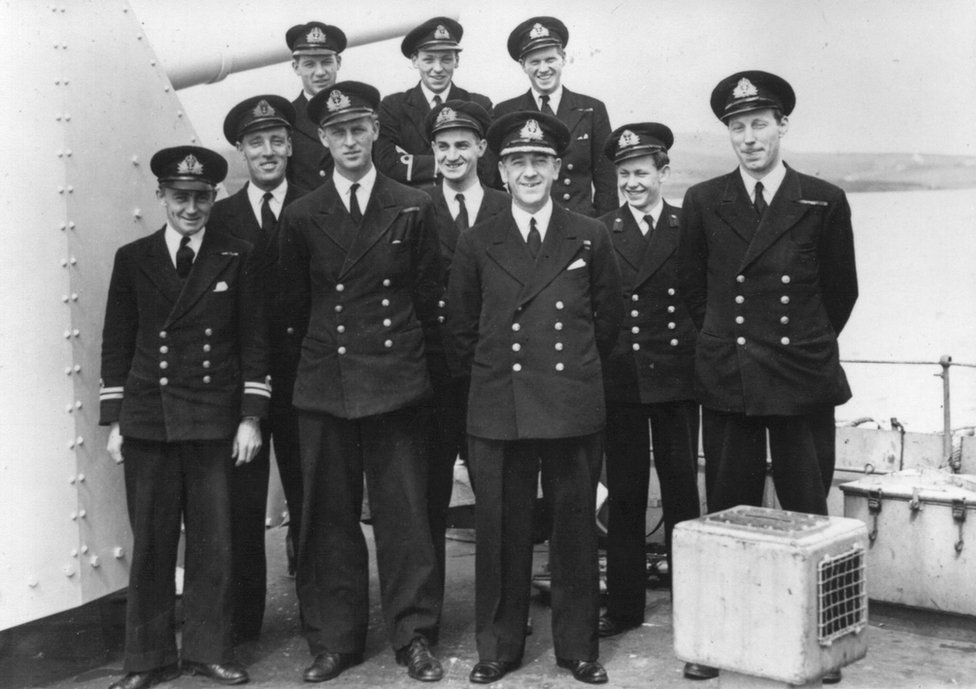 Prince Philip with some of the crew he rescued in 1945