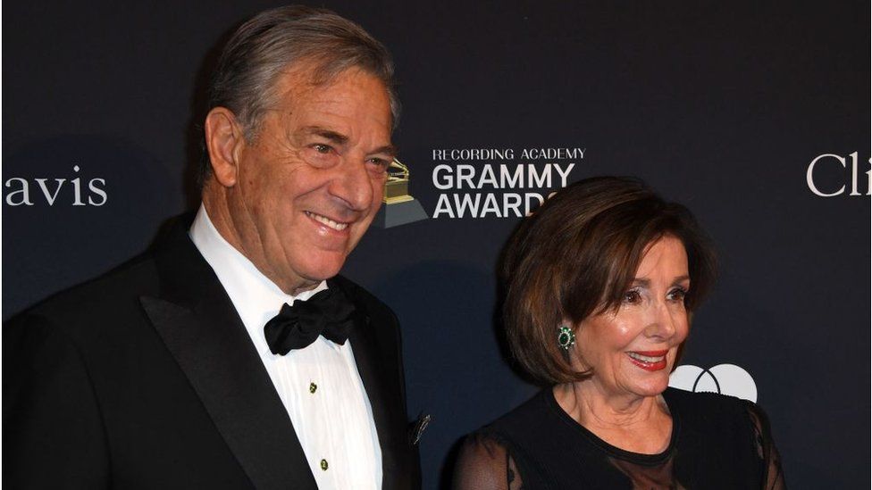 Speaker of the US House of Representatives Nancy Pelosi (R) and Paul Pelosi arrive for the Recording Academy and Clive Davis pre-Grammy gala at the Beverly Hilton hotel in Beverly Hills, California on January 25, 2020