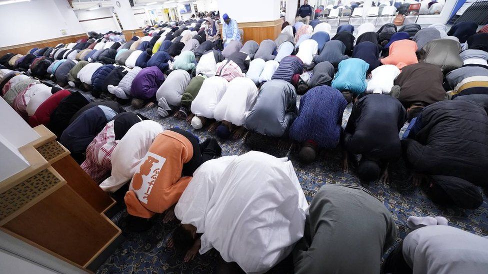 People celebrated Eid al-Fitr at Leeds Grand Mosque, West Yorkshire, as the holy month of Ramadan came to an end in May