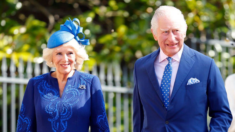 Camilla, Queen Consort and King Charles III attend the traditional Easter Sunday Mattins Service at St George's Chapel