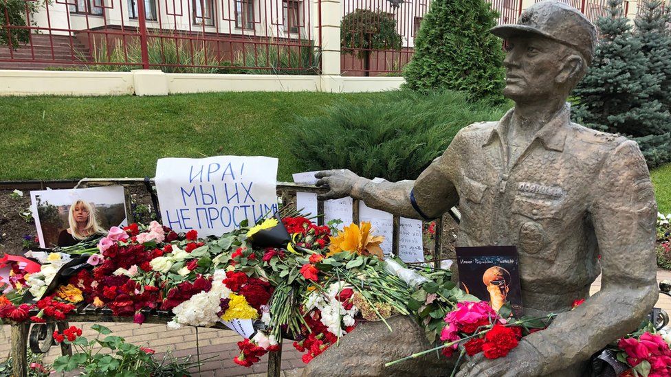 Flowers mark the spot where Irina Slavina set herself alight
