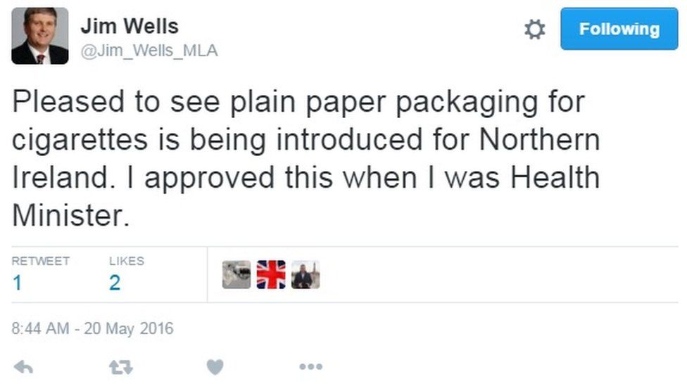 Mr Wells posted this tweet on the day new legislation on "plain" cigarette packages came into force