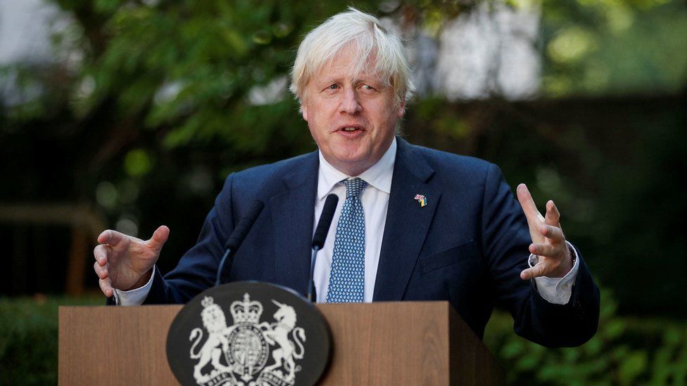 Prime Minister Boris Johnson making a speech during a reception at Downing Street, London