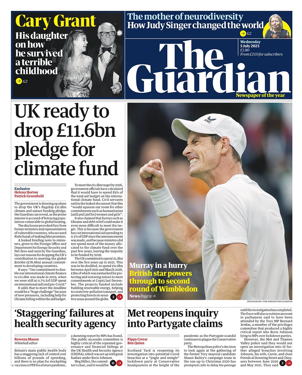 Заголовок на первой странице The Guardian гласит: «Великобритания готова отказаться от взноса в размере 11,6 млрд фунтов стерлингов на климатический фонд»